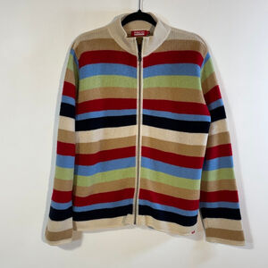 Paco Sweater Jacket Women’s Large Striped Zip Up Red Blue Brown Wool Blend